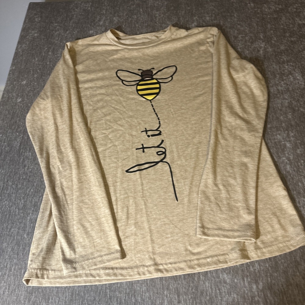 Women's Let it Bee Bumblebee T-Shirt Lt Brown Size MLong Sleeve Crewneck Unbrand